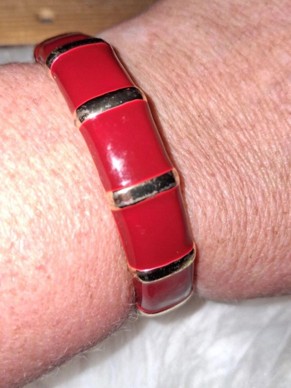 red Enamel and silvertone hinged cuff Bangle bracelet